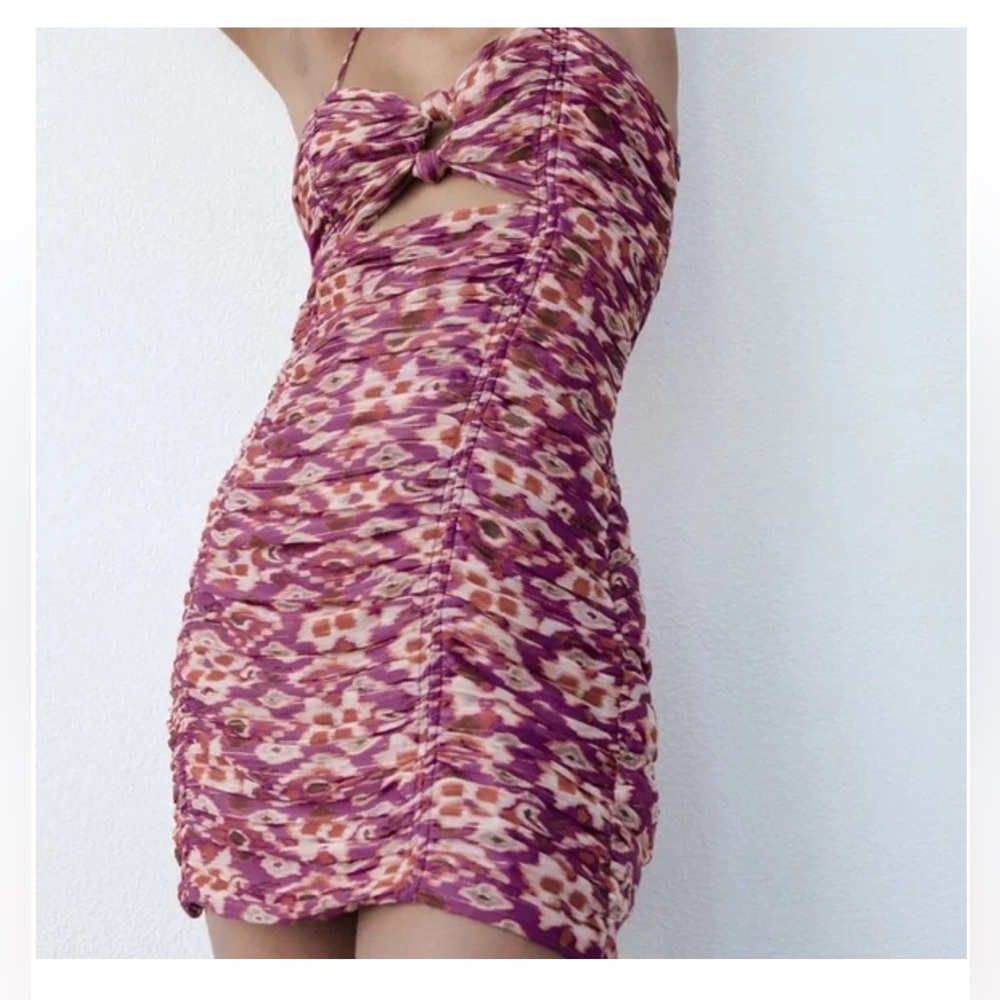 Zara Purple Ruched Floral Cut‎ Out Knotted Spaghetti Strap Dress SMALL NWT